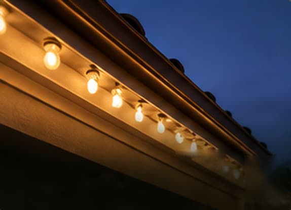Warm white C9 bulbs along a home's roofline at dusk