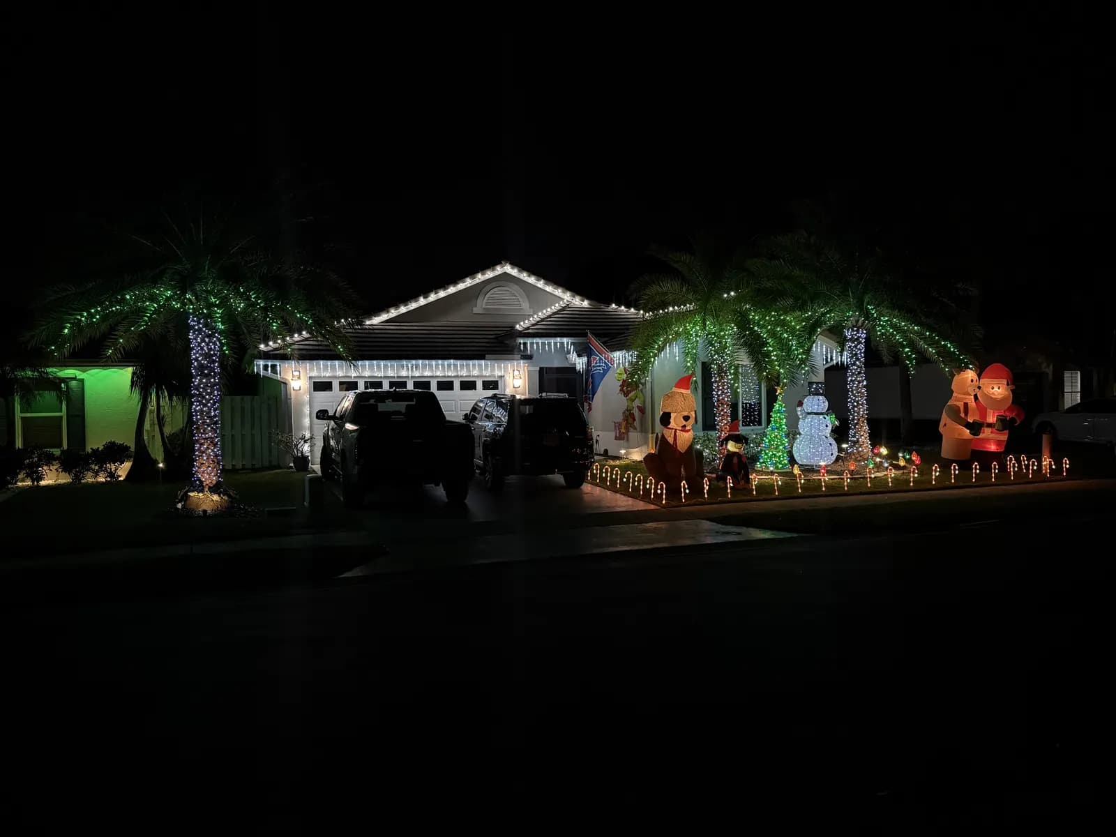 Recent install — home outlined in lights with festive yard display