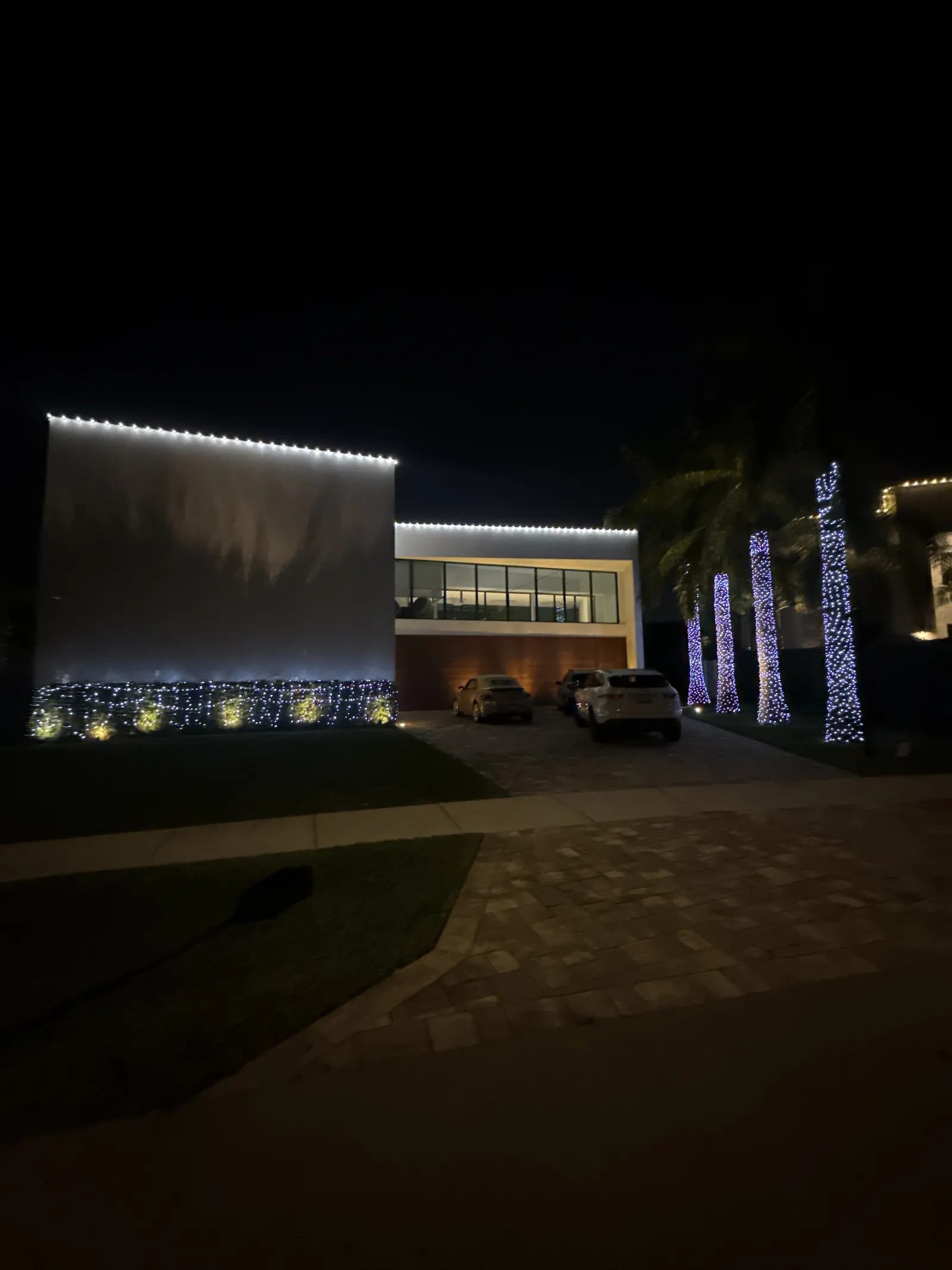 Recent install — modern home with cool white roofline and lit landscape